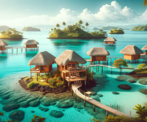 Tropical overwater bungalows, crystal-clear sea, serene island scenery.