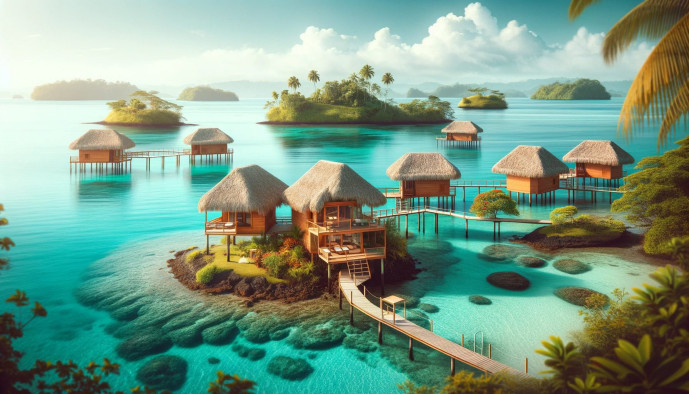 Tropical overwater bungalows, crystal-clear sea, serene island scenery.