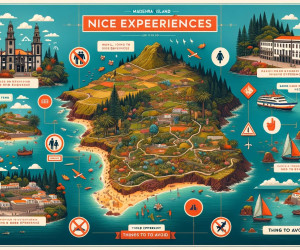 Illustrated map of Madeira Island with attractions and warnings.