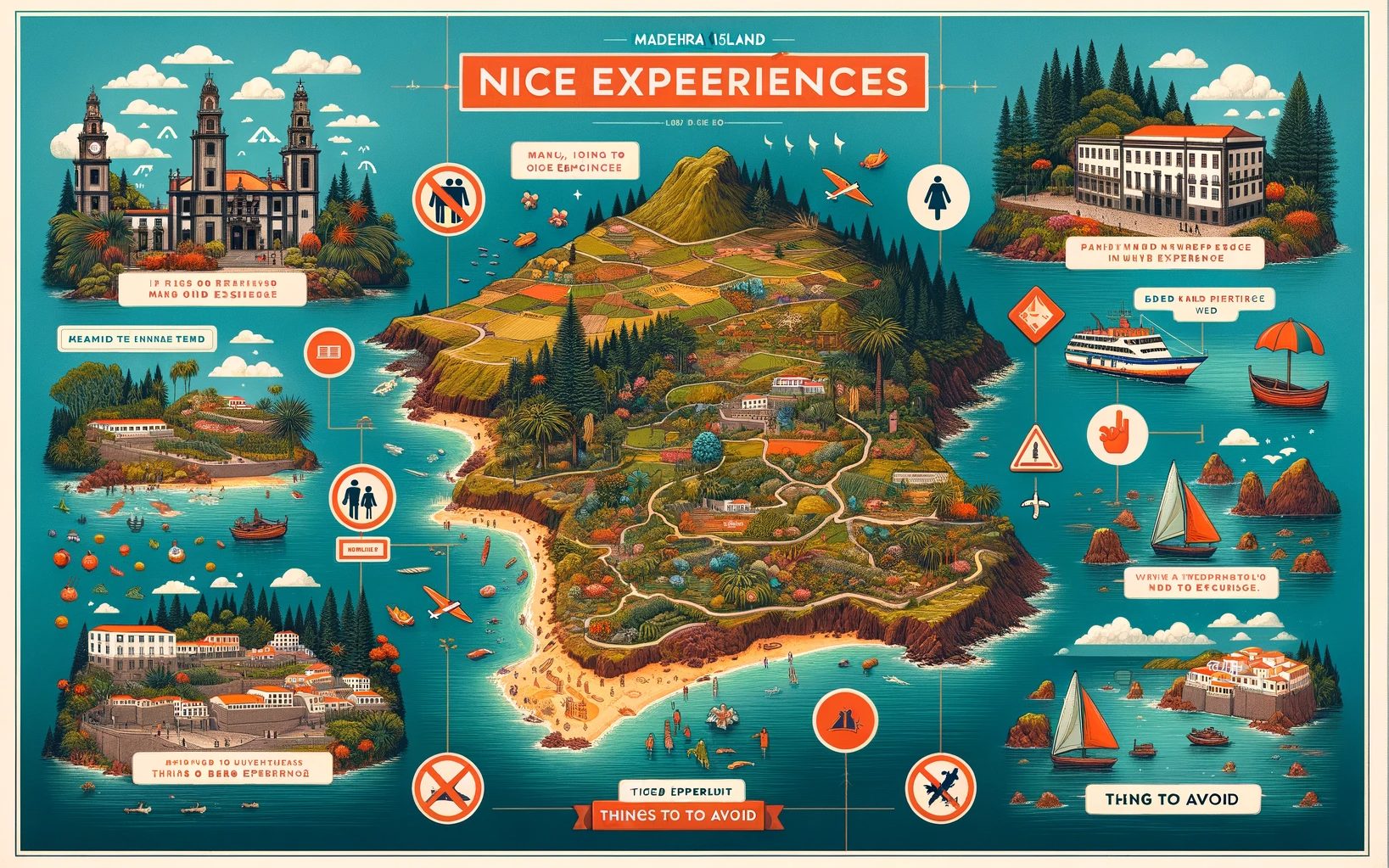 Illustrated map of Madeira Island with attractions and warnings.