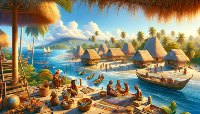 Tropical beach village with boats and thatched huts.