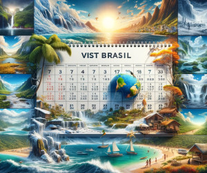 Stylized Brazil travel collage with calendar dates and landmarks.