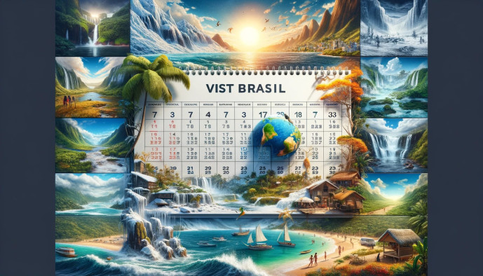 Collage stylisé de voyages au Brésil avec des dates de calendrier et des points de repère.