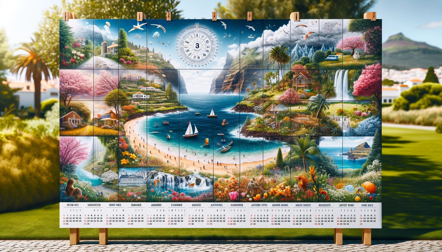 Colorful scenic annual calendar displayed outdoors.