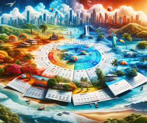 Fantasy tropical cityscape with seasonal weather and calendar.