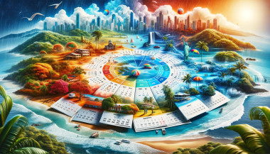 Fantasy tropical cityscape with seasonal weather and calendar.