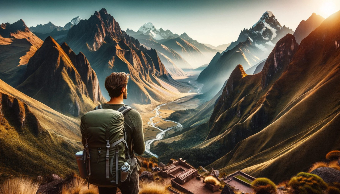 Man overlooking mountainous landscape and ancient ruins.