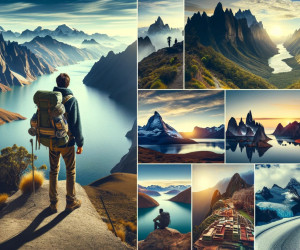 Collage of breathtaking mountain landscapes with hiker.