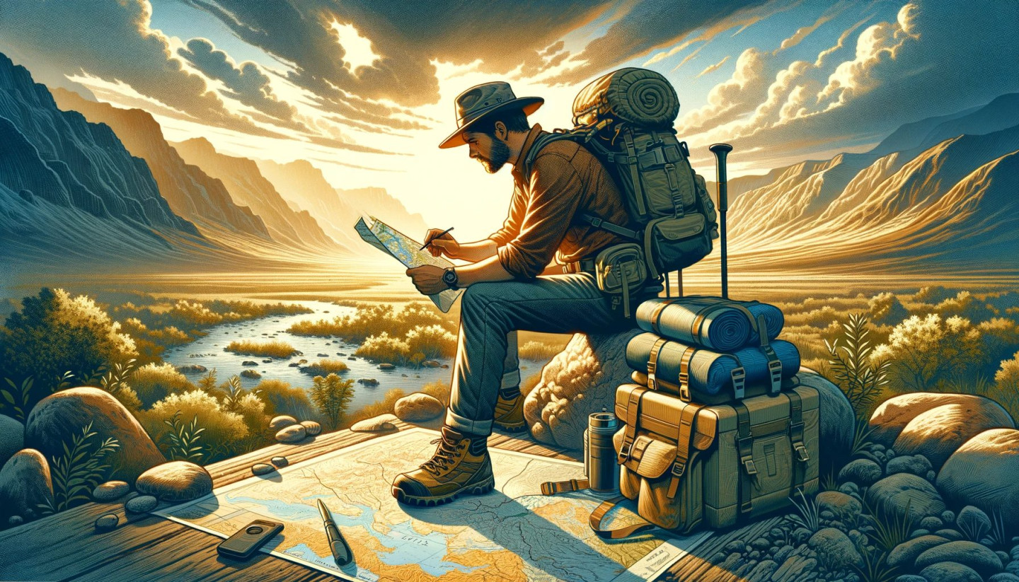 Hiker with map overlooking scenic mountain landscape.