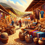 Colorful traditional market with crafts and textiles.