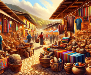 Colorful traditional market with crafts and textiles.