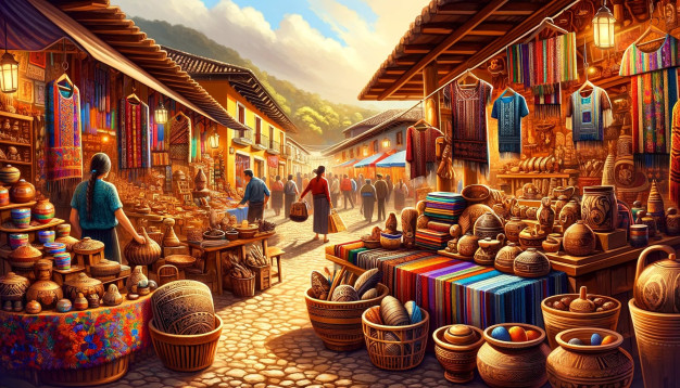Marché traditionnel coloré avec de l'artisanat et des textiles.