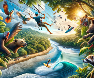 Vibrant jungle scene with animals and adventure sports.