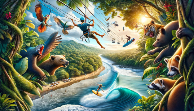 Scène de jungle animée avec des animaux et des sports d'aventure.