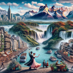Paysage urbain fantastique avec des danseurs, des chutes d'eau, des montagnes et la vie urbaine.