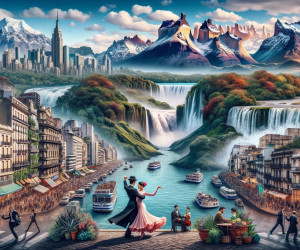 Fantasy cityscape with dancers, waterfalls, mountains, and urban life.