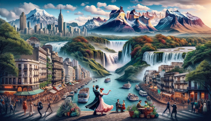 Fantasy cityscape with dancers, waterfalls, mountains, and urban life.