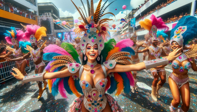 Joyful carnival dancers in vibrant feathered costumes.