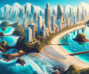 Paysage urbain futuriste avec plages, bateaux et palmiers.