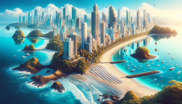 Futuristic cityscape with beaches, boats, and palm trees.