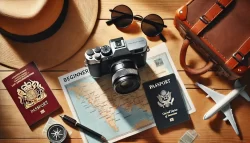 Travel essentials: camera, hat, map, sunglasses, and passports.