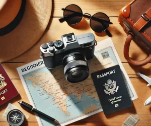 Les indispensables du voyage : appareil photo, chapeau, carte, lunettes de soleil et passeport.