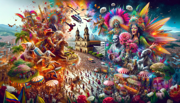Fête de carnaval colorée et vibrante, avec des costumes et de l'animation.