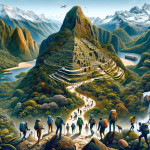 Fantasy landscape with travelers and terraced mountain.
