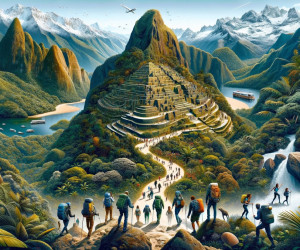 Fantasy landscape with travelers and terraced mountain.