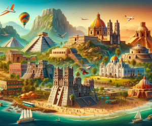 Fantasy shoreline with diverse architectural landmarks and flying planes.