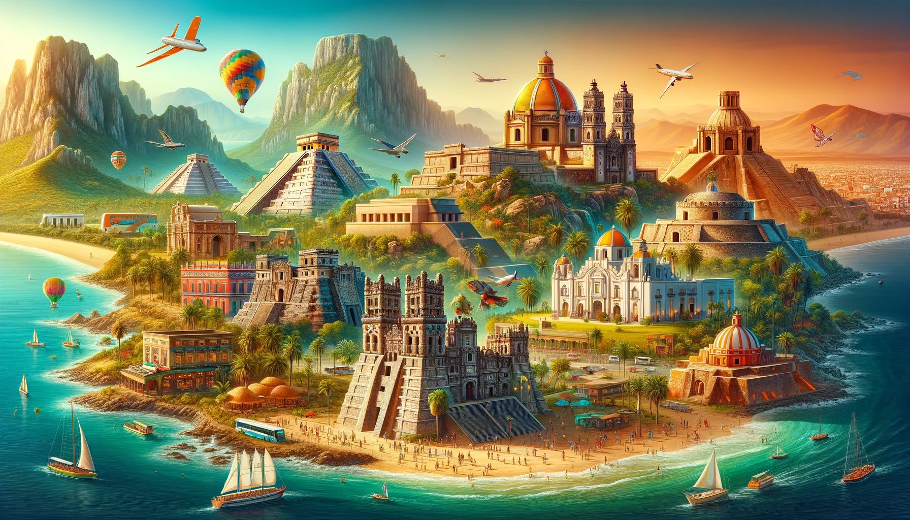Fantasy shoreline with diverse architectural landmarks and flying planes.