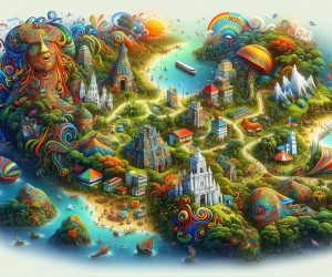 Fantasy landscape with colorful, whimsical art style.