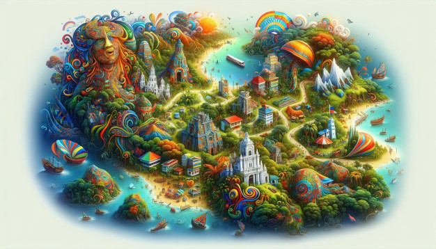 Fantasy landscape with colorful, whimsical art style.