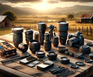 Photography equipment on wooden table at sunset.