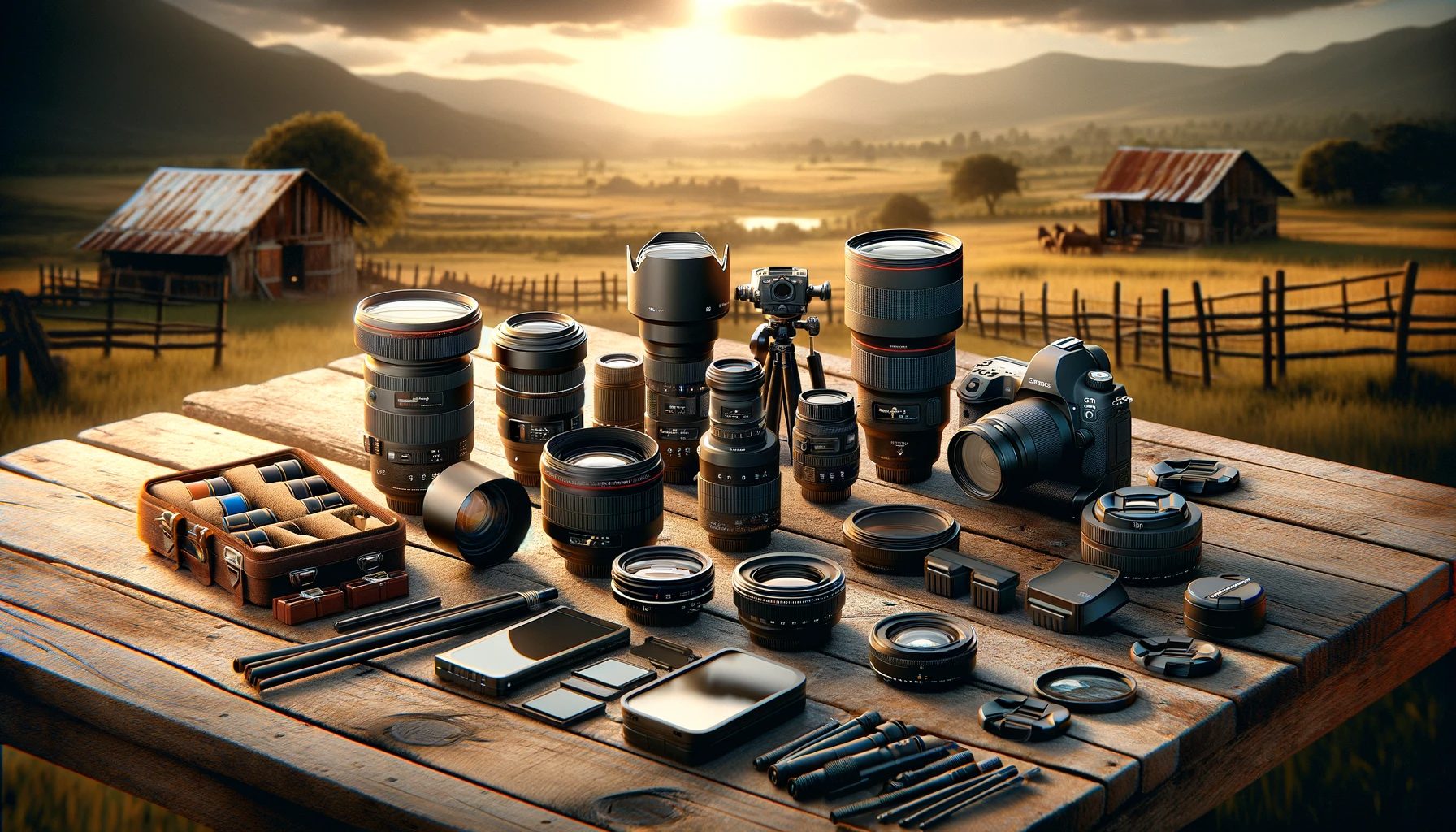 Photography equipment on wooden table at sunset.