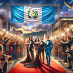 Celebrity event under Guatemala flag with excited crowd.