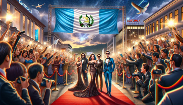 Célébrité sous le drapeau guatémaltèque avec une foule enthousiaste.