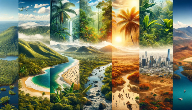 Diverse ecosystems montage from jungle to urban skyline.