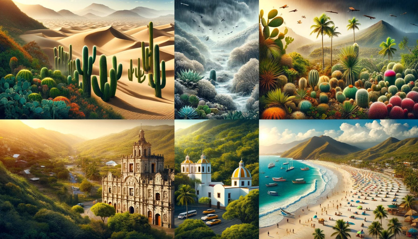 Desert, river, colonial buildings, beach resort panorama collage.