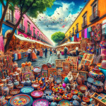 Colorful Mexican market street with handicrafts and textiles.