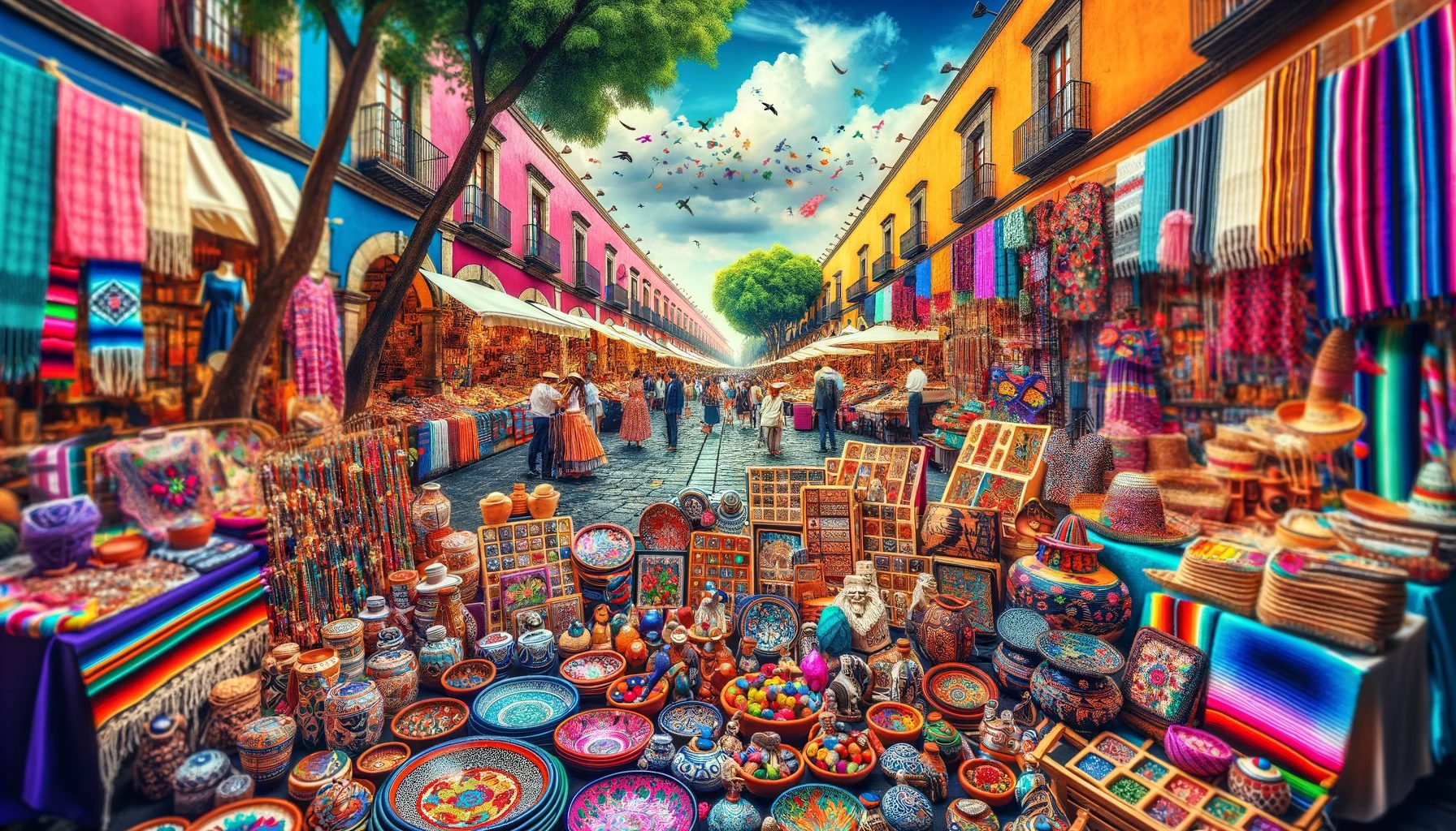 Colorful Mexican market street with handicrafts and textiles.