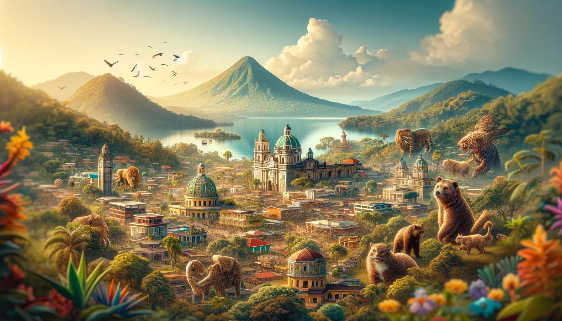 Fantasy landscape with animals and a volcanic mountain.