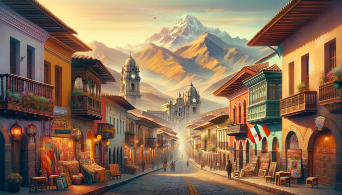 Sunrise over picturesque mountain village street.