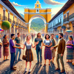 Colorful street scene with people, arch, and market.