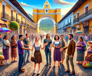 Colorful street scene with people, arch, and market.