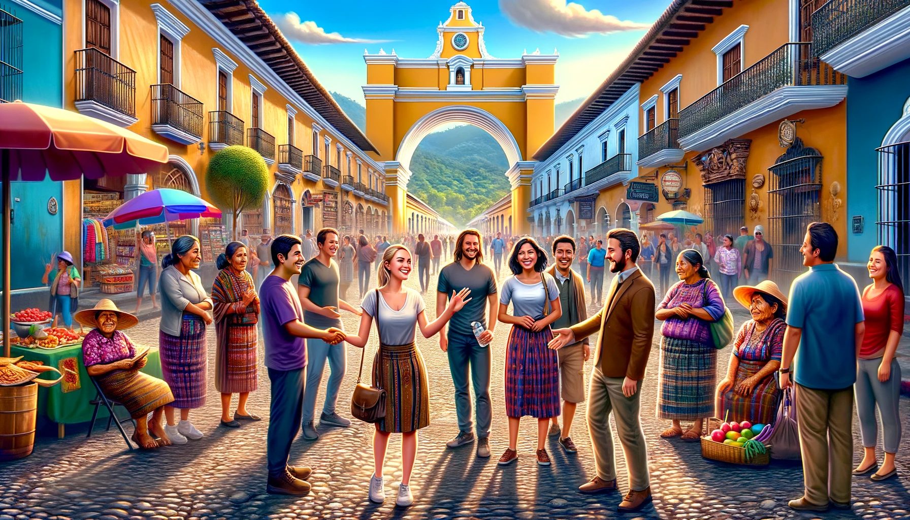 Colorful street scene with people, arch, and market.