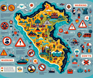 Colorful illustrated travel safety map with icons and warnings.