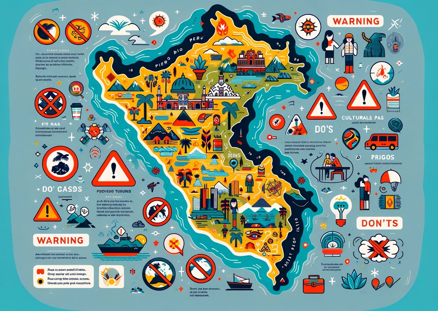 Colorful illustrated travel safety map with icons and warnings.
