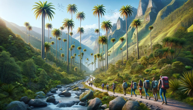 Hikers on scenic trail with tall palm trees and mountains.