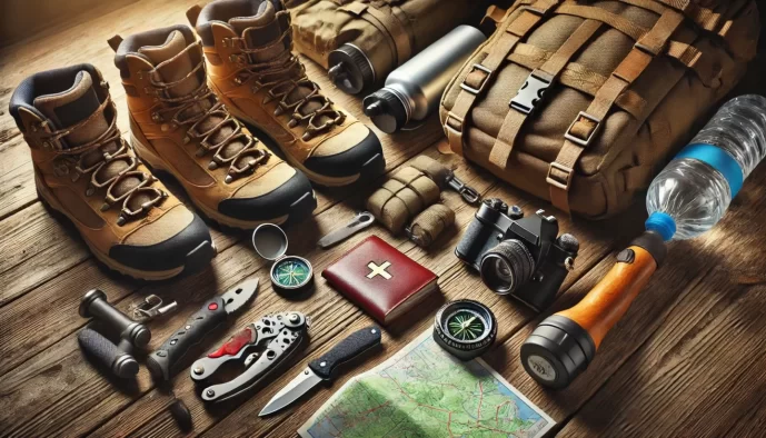 Hiking gear and accessories on wooden background.